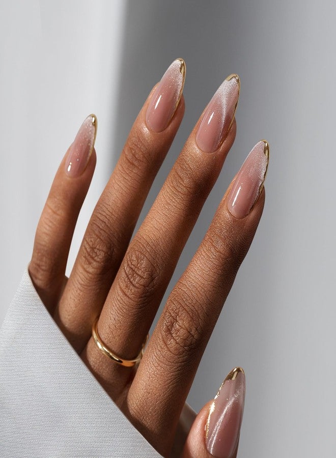BTArtbox Press On Nails Almond - Knightshield, Cat Eye Press On Nails Medium Fake Nails with 3D Sculpting Metallic Design, Supremely Fit & Glossy Glue On Nails in 16 Sizes, 32 Stick On Nail Kit - Image 1